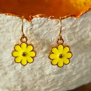 GOLD-FILLED Enameled Sunflower-Daisy Flower Dangle Earings
